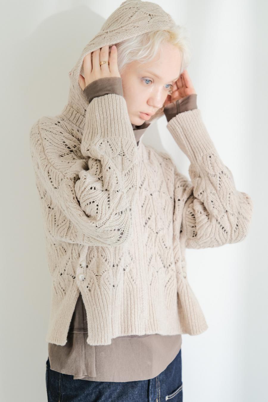 100% Wool Openwork Hooded Cardigan