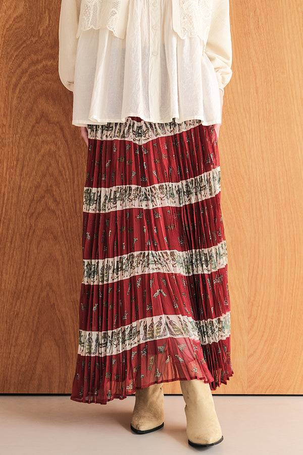 Vintage Print Random Pleated Skirt