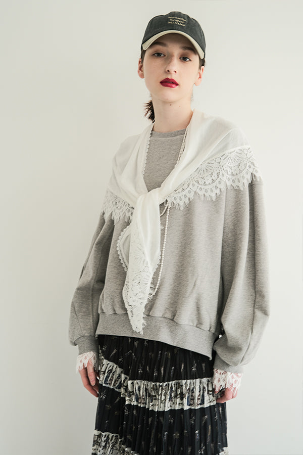 French Terry Pullover with Lace Cape