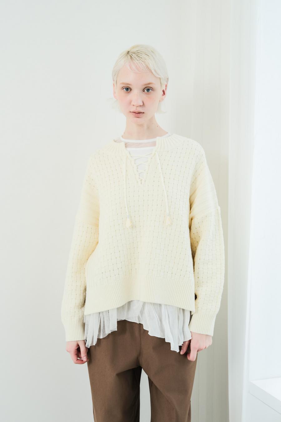 Block Piqué Lace-Up Pullover