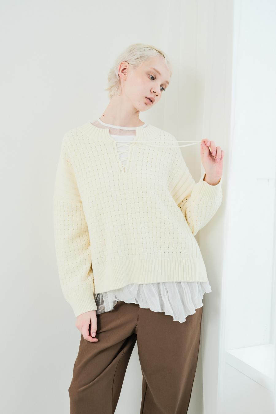 Block Piqué Lace-Up Pullover