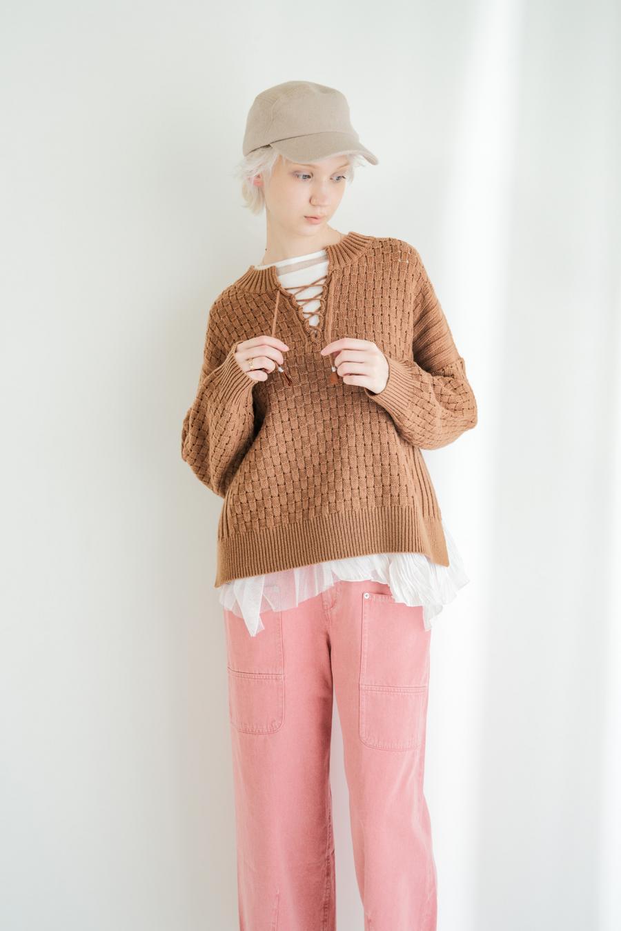Block Piqué Lace-Up Pullover