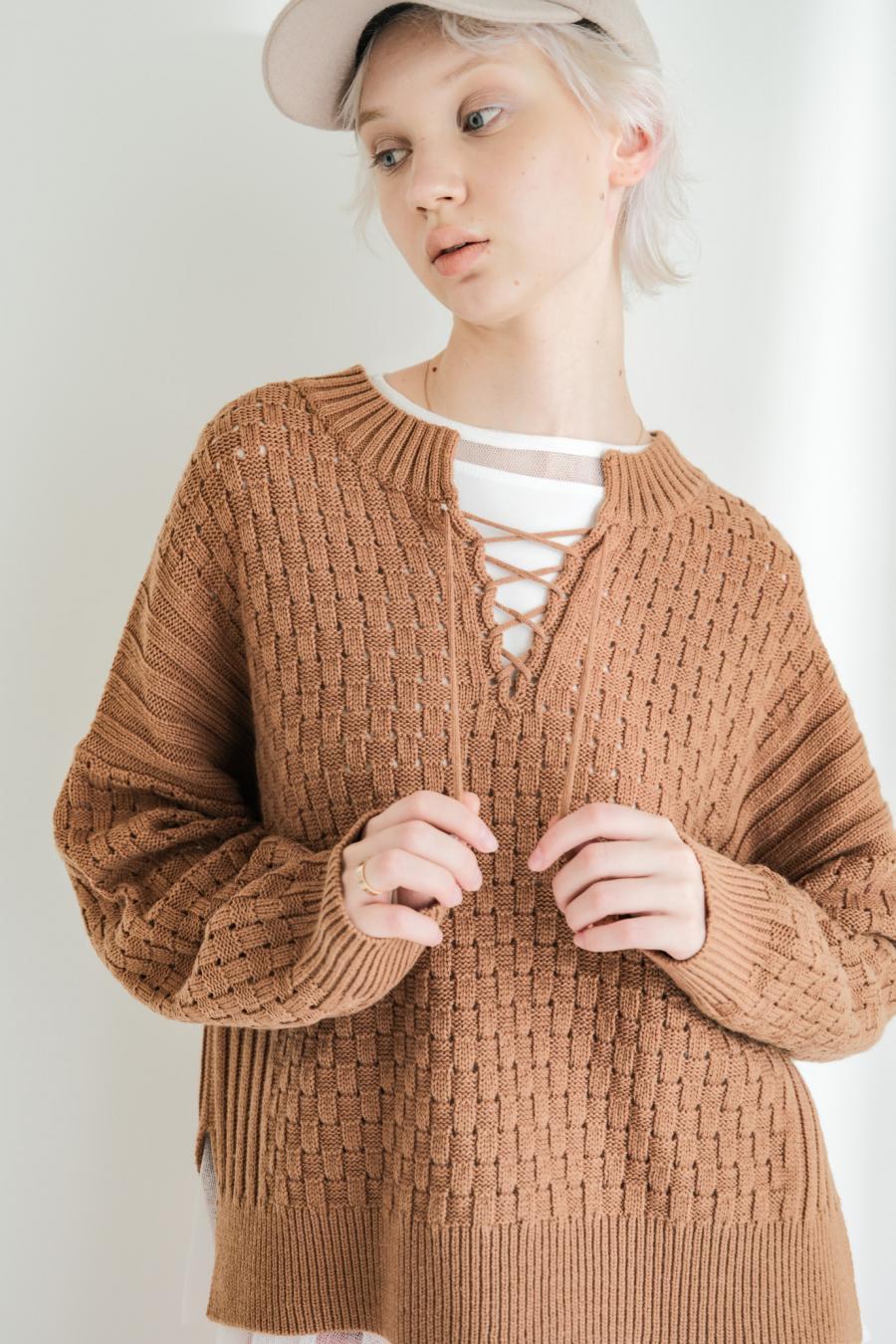 Block Piqué Lace-Up Pullover