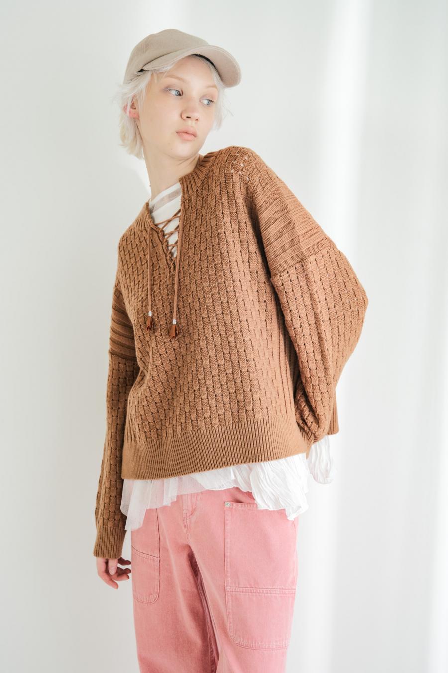Block Piqué Lace-Up Pullover