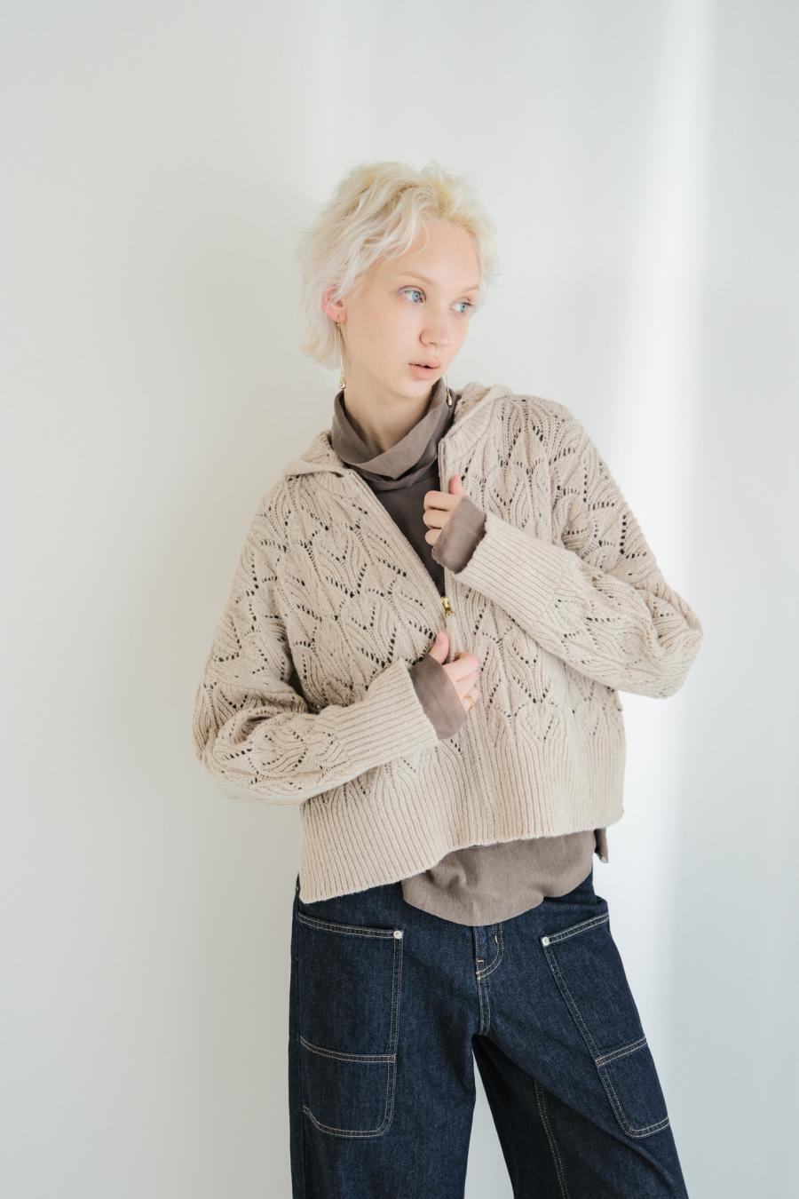 100% Wool Openwork Hooded Cardigan