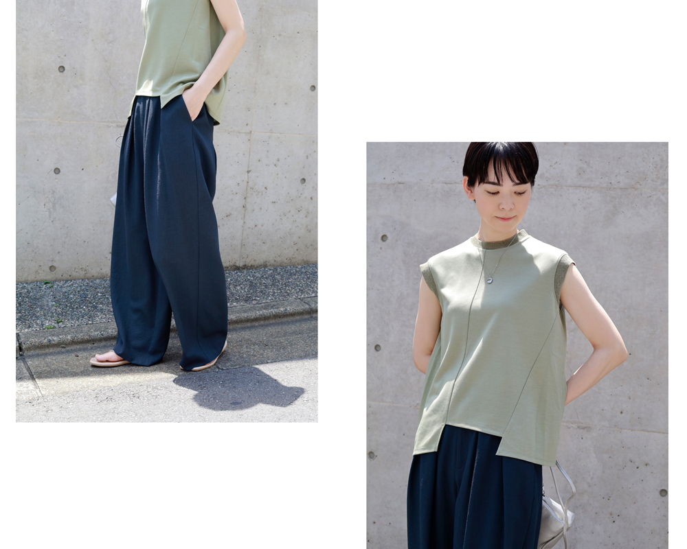 ON/OFF両方で使える「美脚見えテーパードパンツ」_スタイル