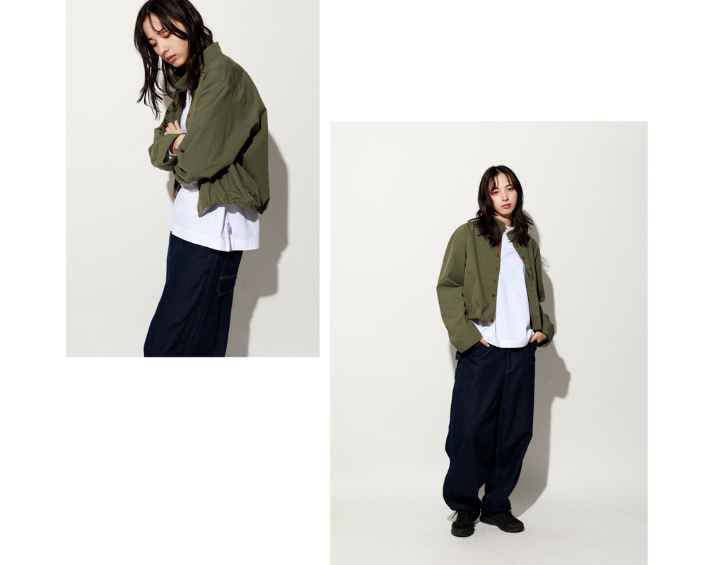 シンプルなデザインのアイテムでも、配色次第でぐっと季節感がアップ。 カーキ×ブラック｜Garance et VioLetteのブルゾンで作る秋ミリタリー_1