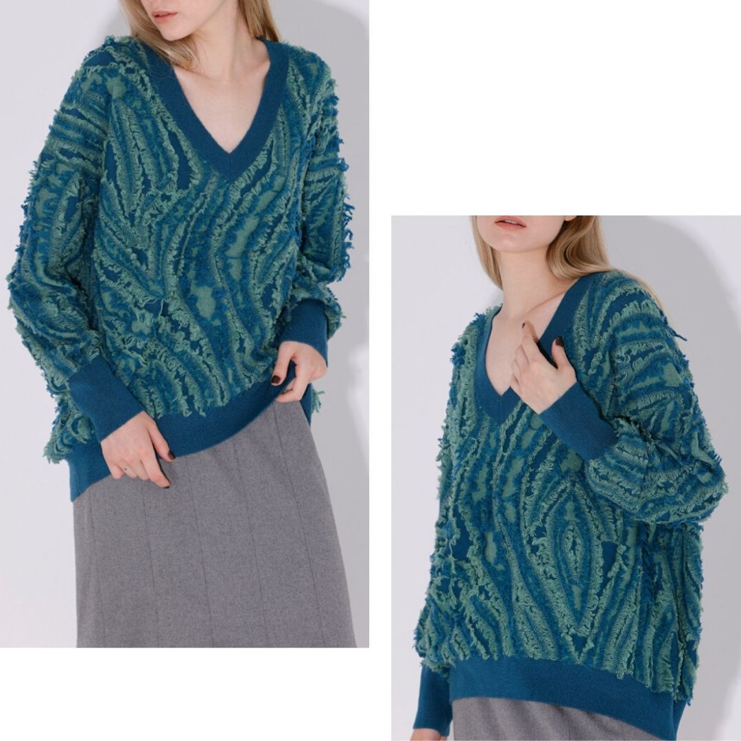 アートな存在感で惹きつける
フリンジジャガードVネックプルオーバー|揺れるフリンジと柄で魅せる主役ニット