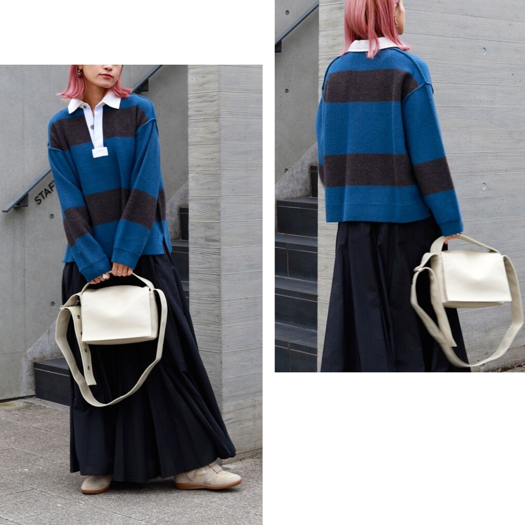 上質ウールで遊ぶ
毛100%ボーダーラガーシャツ|裏使いデザインが映える大人のラガーニット