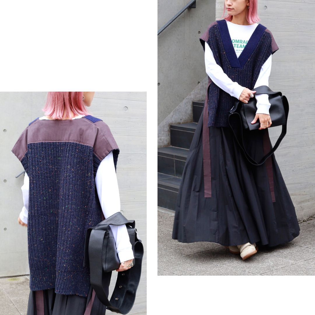 異素材ミックスで魅せる
布帛肩ヨークベスト|ざっくり感とシャープさが共存するモードな一枚