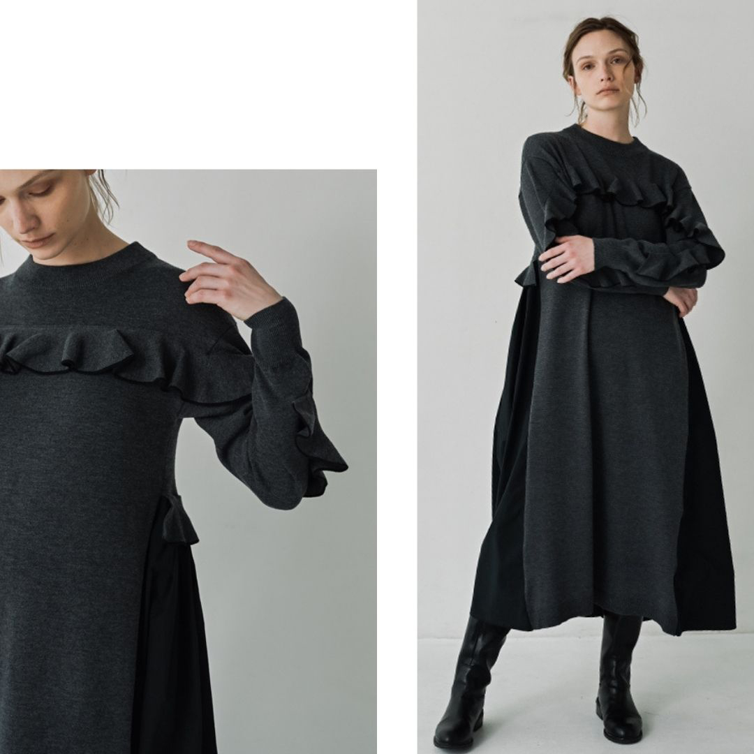 揺れるフレアが描く、知的で華やかな一枚。