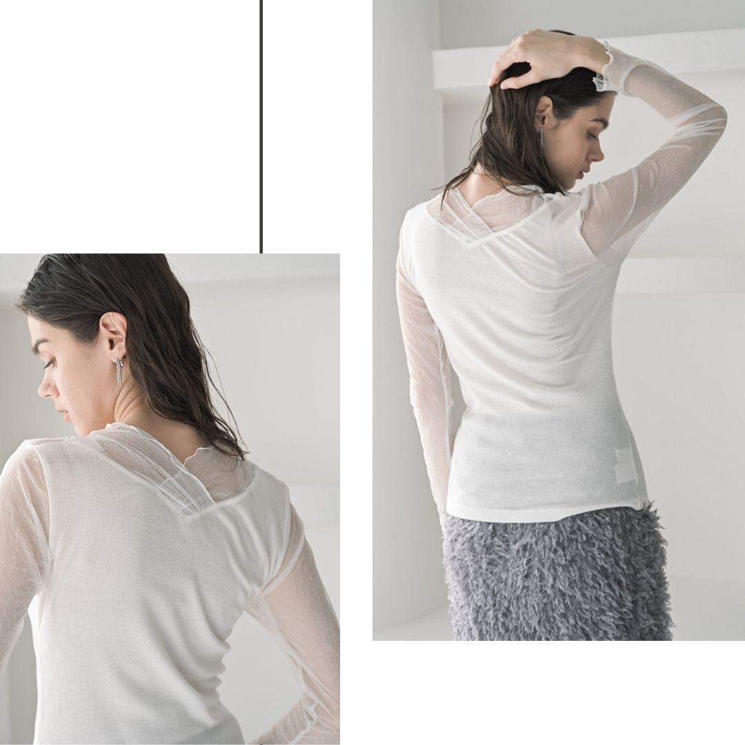 イタリア糸が生む、軽やかメッシュ【定番】 袖で魅せる、ニュアンスメッシュ。 【メッシュネックプルオーバー】