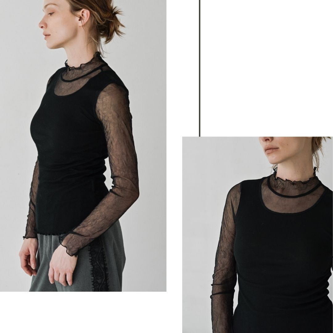 イタリア糸が生む、軽やかメッシュ【定番】 品よく透ける、洗練ハイネック。 【メッシュハイネックプルオーバー】