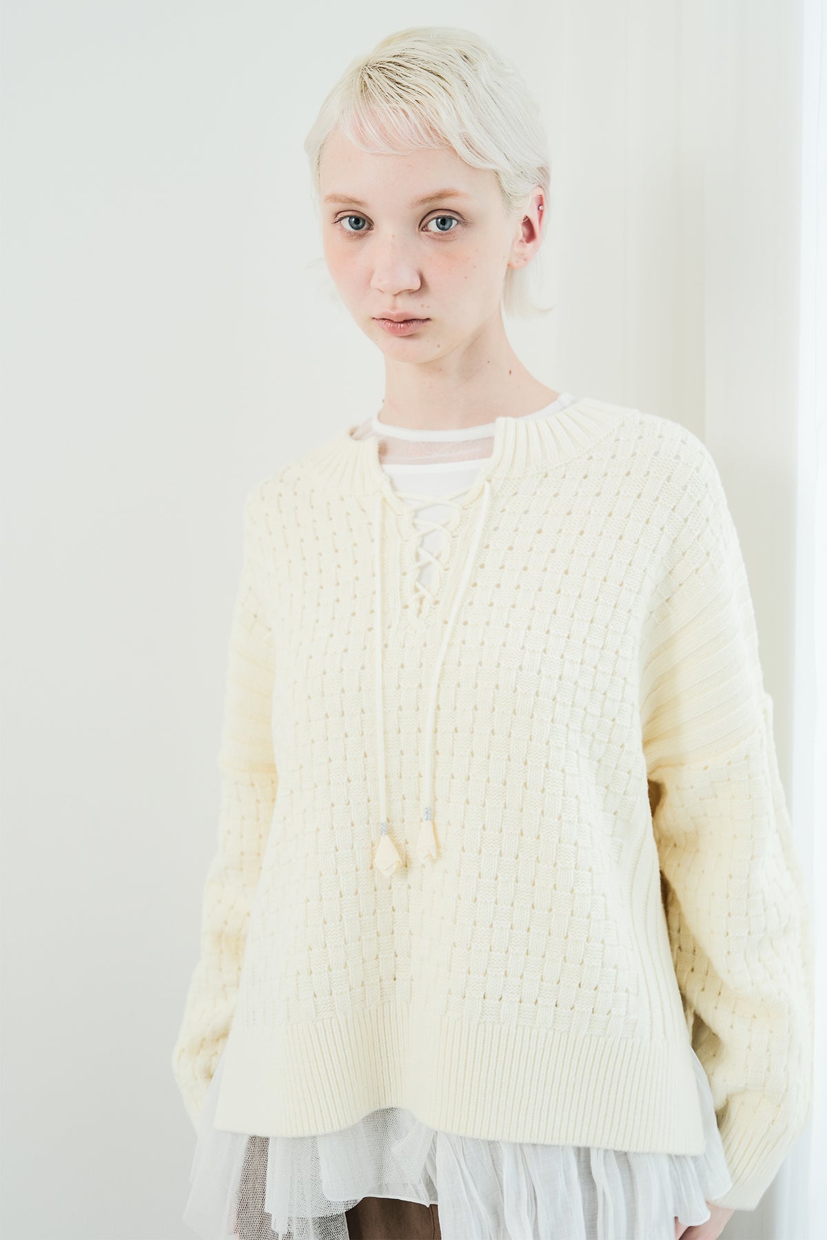 Block Piqué Lace-Up Pullover