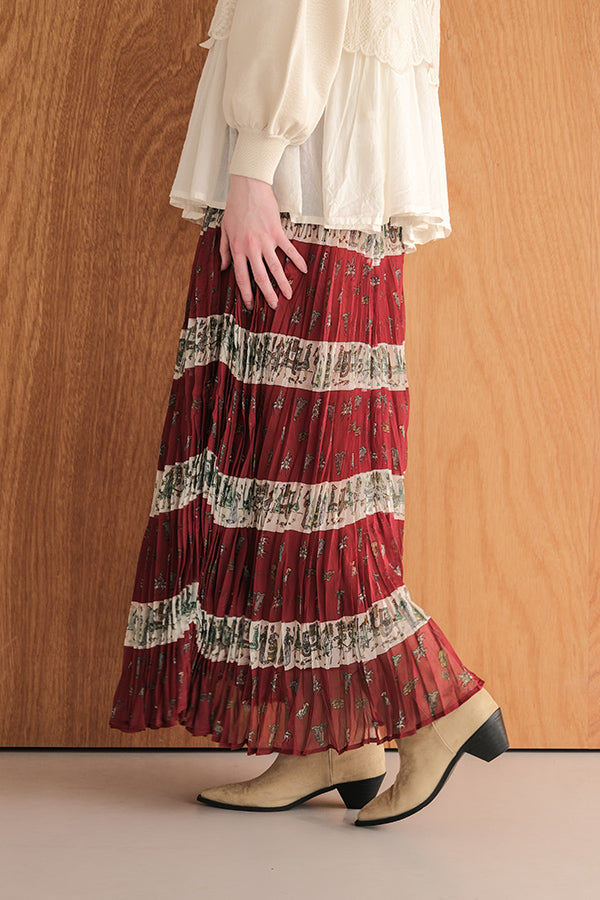 Vintage Print Random Pleated Skirt