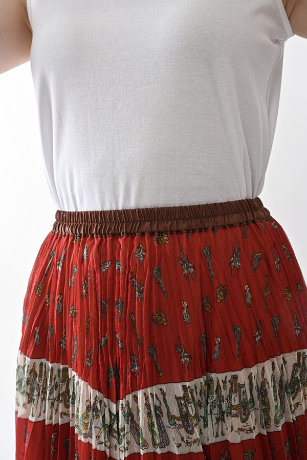 Vintage Print Random Pleated Skirt
