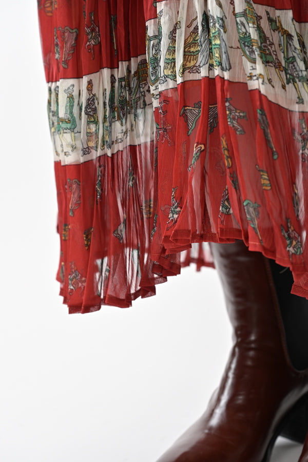 Vintage Print Random Pleated Skirt