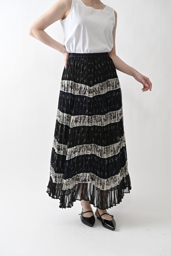 Vintage Print Random Pleated Skirt
