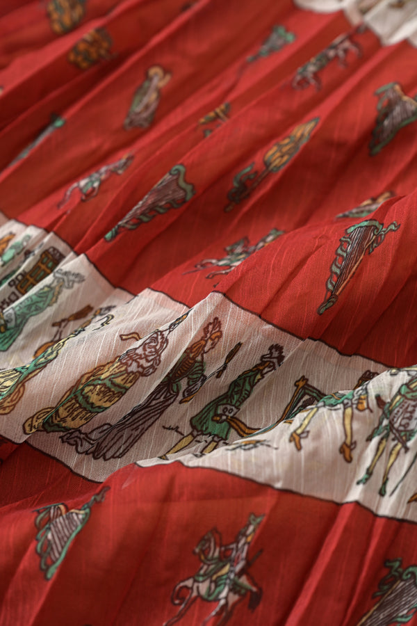 Vintage Print Random Pleated Skirt