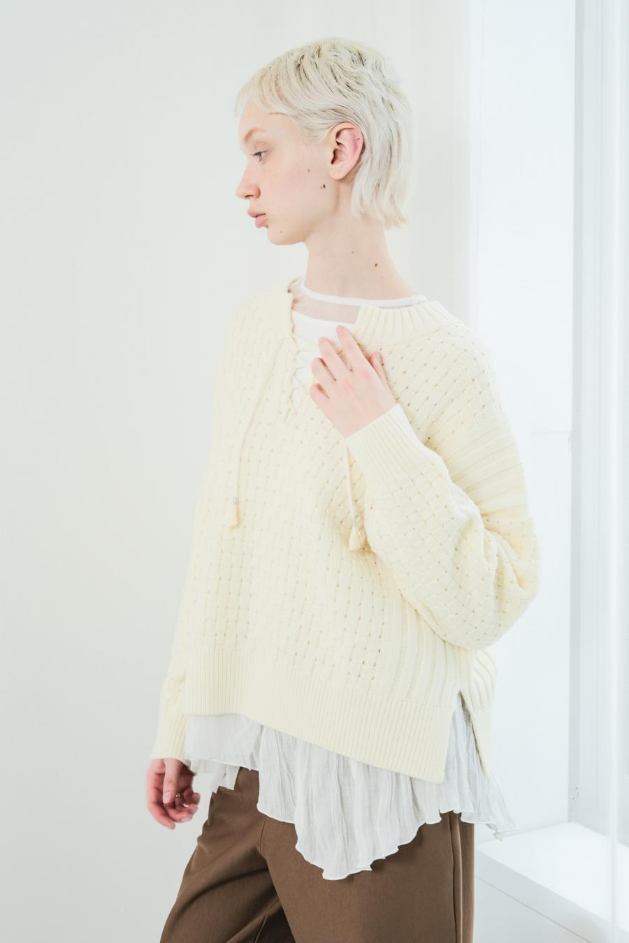Block Piqué Lace-Up Pullover