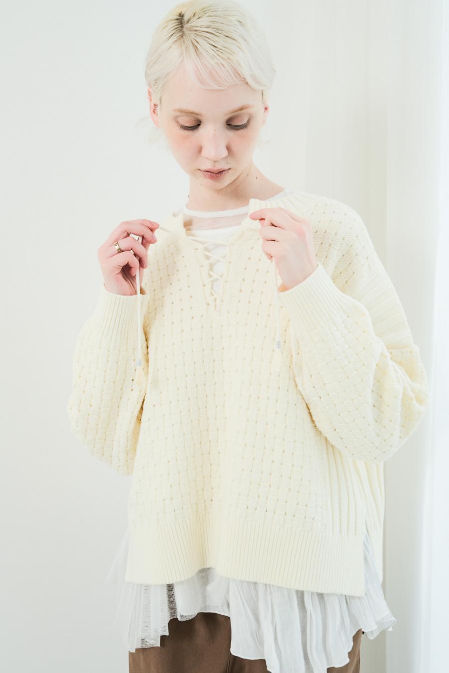 Block Piqué Lace-Up Pullover