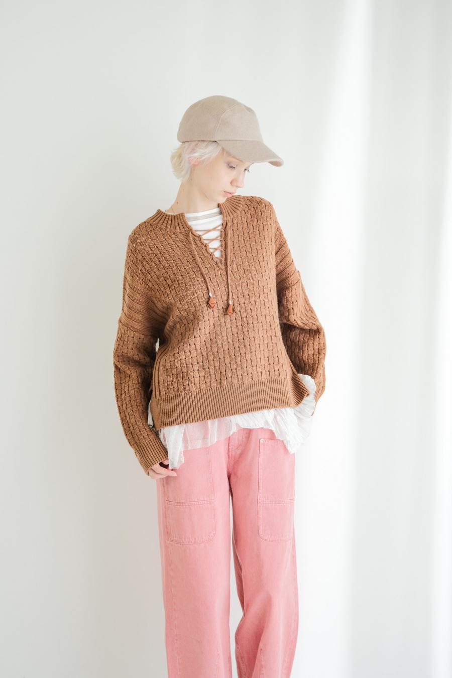 Block Piqué Lace-Up Pullover