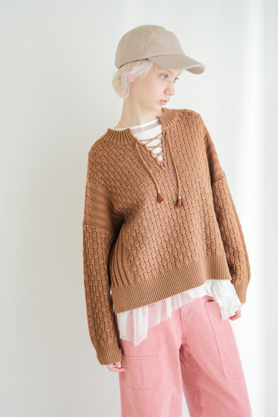 Block Piqué Lace-Up Pullover