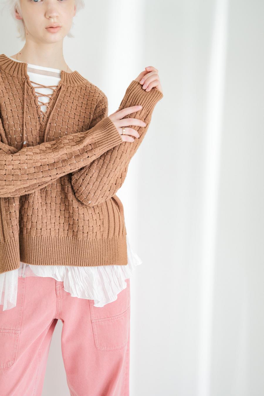 Block Piqué Lace-Up Pullover