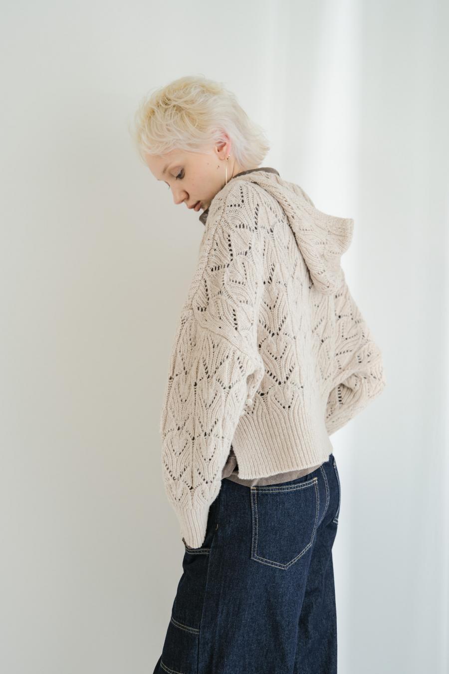 100% Wool Openwork Hooded Cardigan