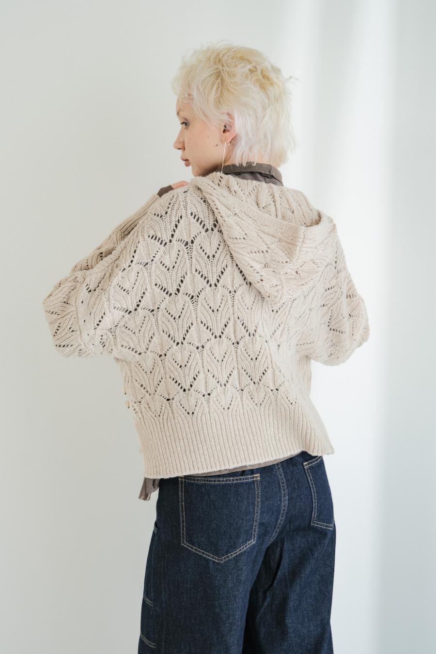 100% Wool Openwork Hooded Cardigan
