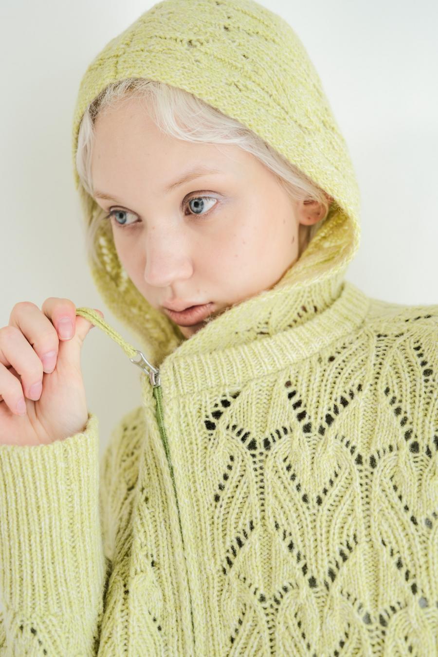 100% Wool Openwork Hooded Cardigan