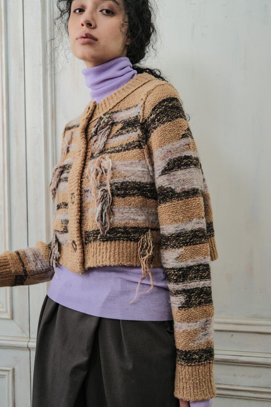 Mixed Yarn Tassel Cardigan