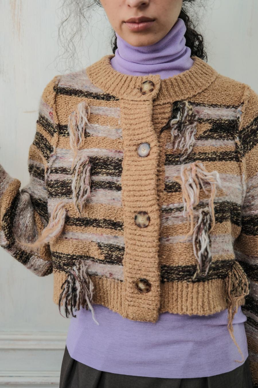 Mixed Yarn Tassel Cardigan